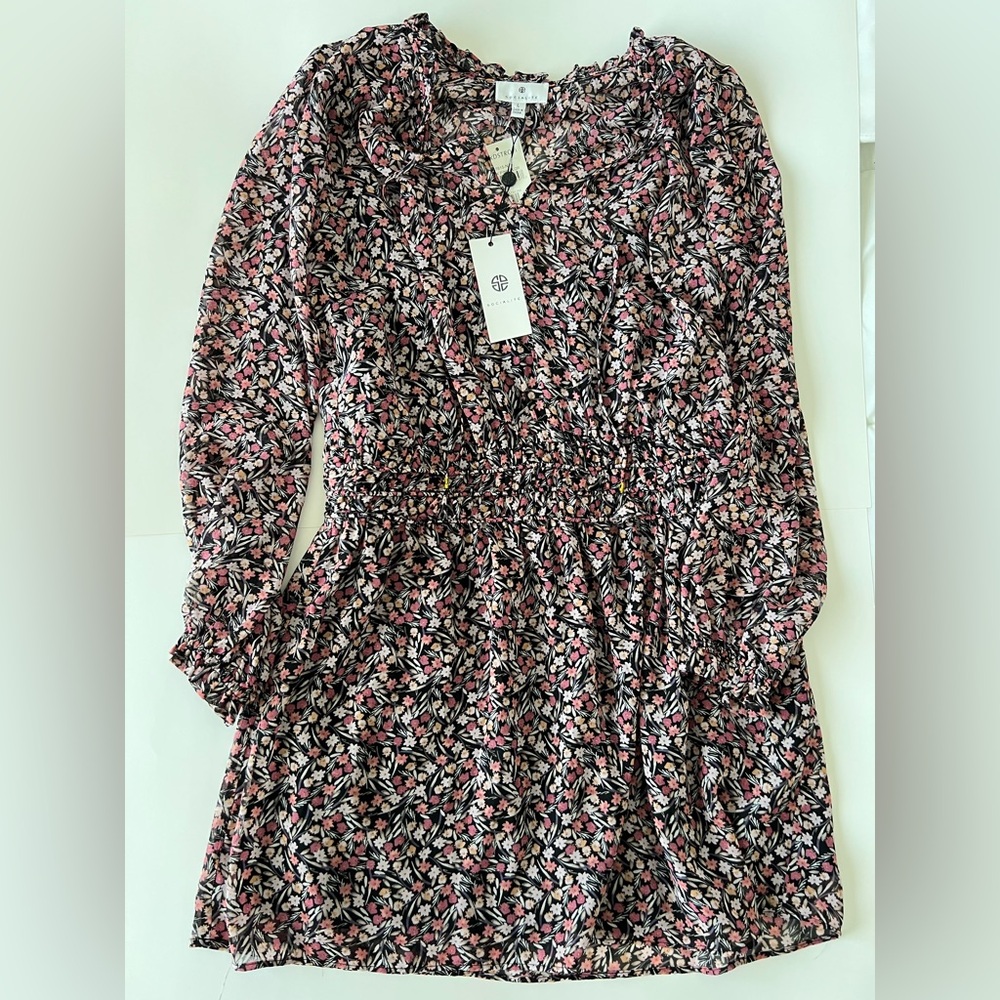 Socialite Black Pink Floral Ruffle Minidress NWT Nordstrom size Large